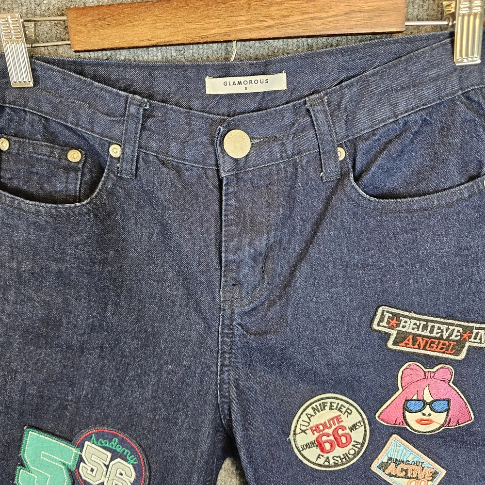 Glamorous Dark Blue Straight Leg Jeans with Colorful Patches - Picture 3 of 7